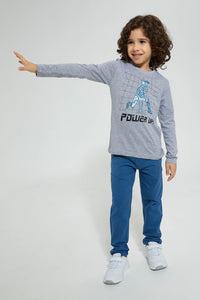 Redtag-Grey-Marl-Power-Up-Print-Long-Sleeve-Tshirt-Long-Sleeves-Boys-2 to 8 Years