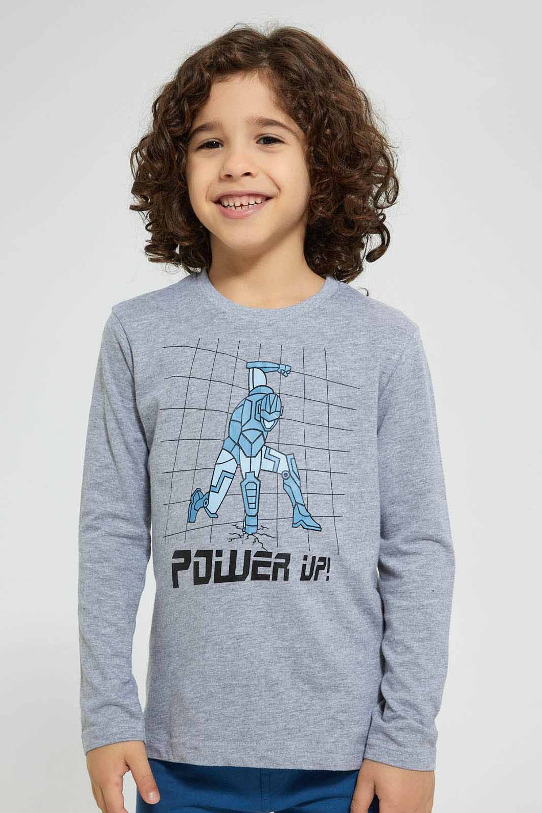 Redtag-Grey-Marl-Power-Up-Print-Long-Sleeve-Tshirt-Long-Sleeves-Boys-2 to 8 Years