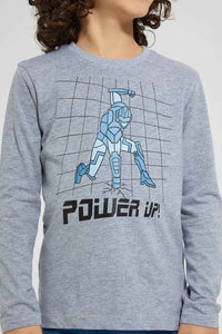 Redtag-Grey-Marl-Power-Up-Print-Long-Sleeve-Tshirt-Long-Sleeves-Boys-2 to 8 Years