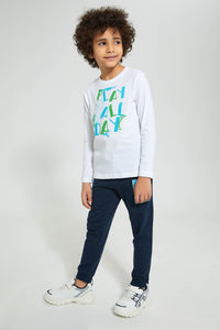 Redtag-White-Play-All-Day-Print-Long-Sleeve-Tshirt-Long-Sleeves-Boys-2 to 8 Years