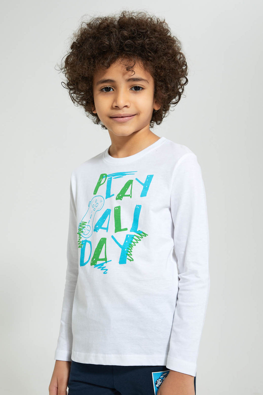 Redtag-White-Play-All-Day-Print-Long-Sleeve-Tshirt-Long-Sleeves-Boys-2 to 8 Years