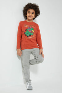 Redtag-Brown-Dino-King-Print-Long-Sleeve-Tshirt-Long-Sleeves-Boys-2 to 8 Years