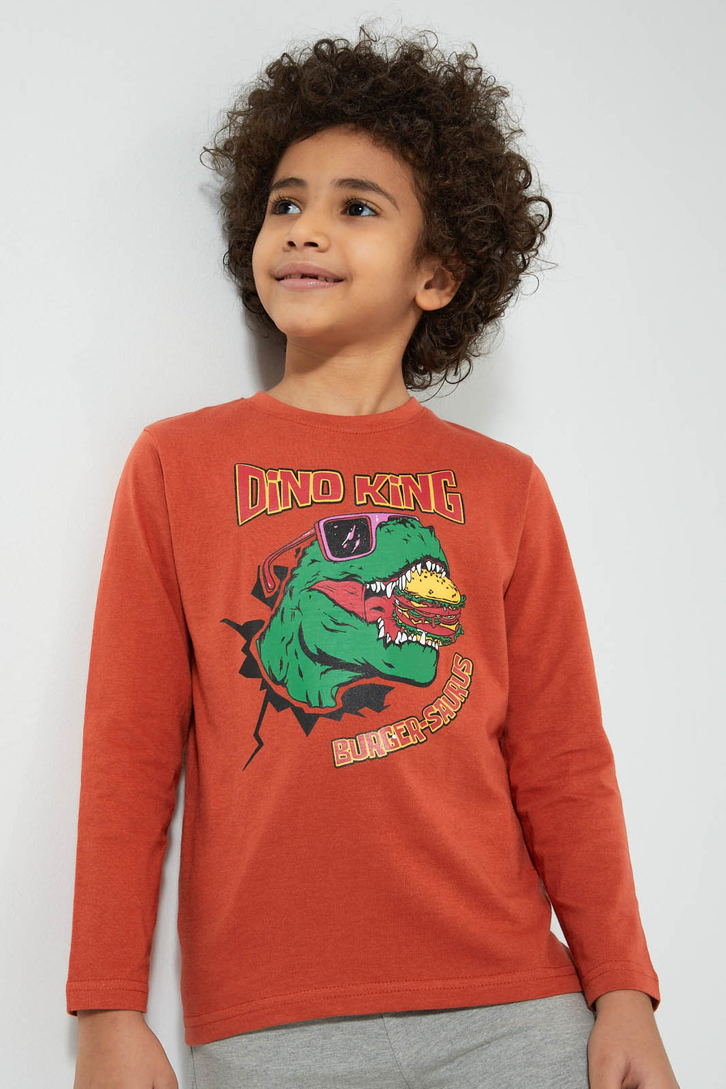 Redtag-Brown-Dino-King-Print-Long-Sleeve-Tshirt-Long-Sleeves-Boys-2 to 8 Years