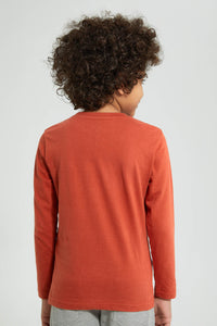 Redtag-Brown-Dino-King-Print-Long-Sleeve-Tshirt-Long-Sleeves-Boys-2 to 8 Years