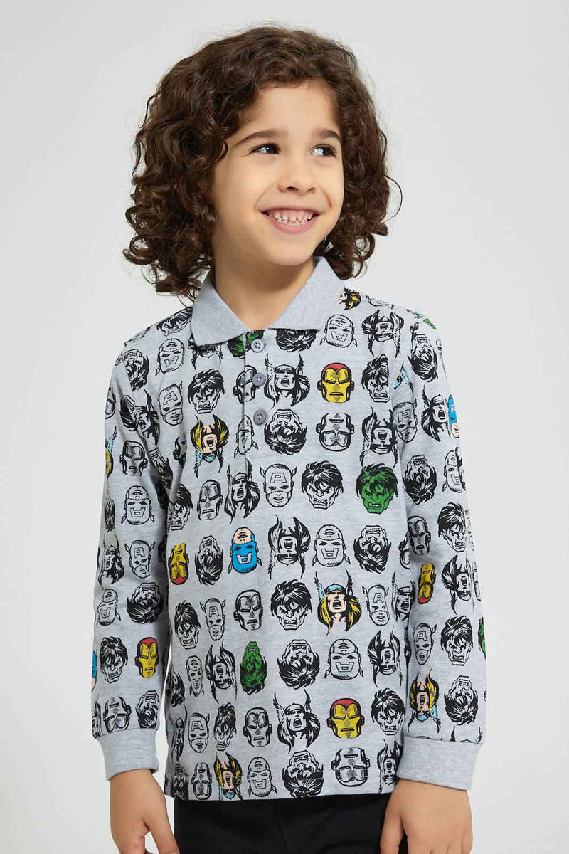 Redtag-Grey-Marl-Marvel-Printed-Polo-Shirt-Polo-Shirts-Boys-2 to 8 Years