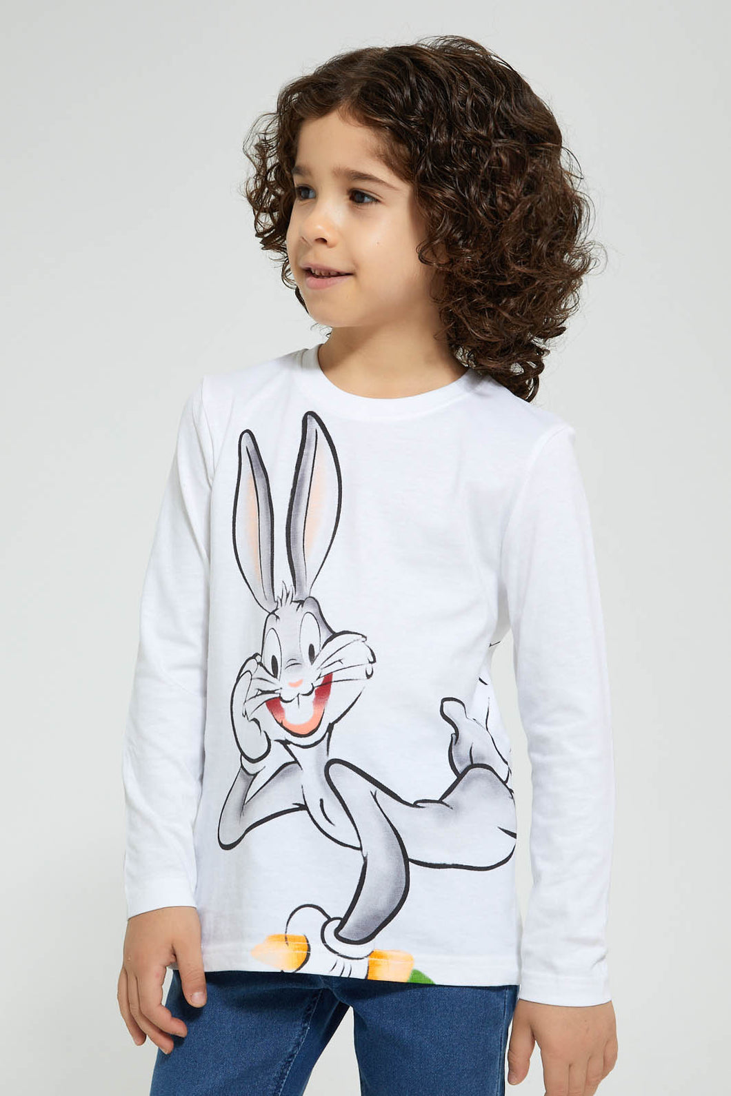 Redtag-White-Buggs-Bunny-Character-T-Shirt-Long-Sleeves-Boys-2 to 8 Years