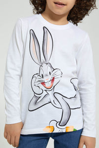 Redtag-White-Buggs-Bunny-Character-T-Shirt-Long-Sleeves-Boys-2 to 8 Years