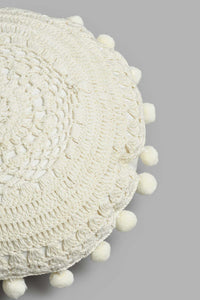 Redtag-Beige-Hand-Crochet-Work-Embroidery-Cushion-With-Pom-Pom-BED-PHANTASMAGORIA-3,-Colour:Beige,-Filter:Home-Bedroom,-HMW-BED-Cushions,-New-In,-New-In-HMW-BED,-Non-Sale,-S22A,-Section:Homewares-Home-Bedroom-