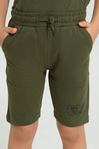 Redtag-Dark-Green-Elasticated-Waist-Shorts-Active-Shorts-Boys-2 to 8 Years