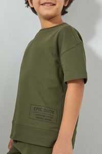 Redtag-Dark-Green-Oversized-T-Shirt-Graphic-Prints-Boys-2 to 8 Years