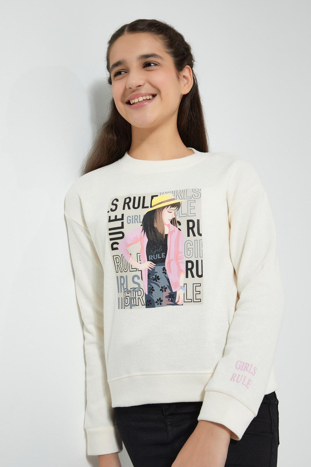 Redtag-White-Photographic-Highneck-Brushed-Sweatshirt-Sweatshirts-Senior-Girls-9 to 14 Years