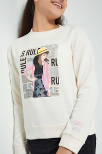 Redtag-White-Photographic-Highneck-Brushed-Sweatshirt-Sweatshirts-Senior-Girls-9 to 14 Years