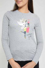 Load image into Gallery viewer, Redtag-Mid-Grey-L/S-Floral-Graphic-T-Shirt-Long-Sleeves-Senior-Girls-9 to 14 Years
