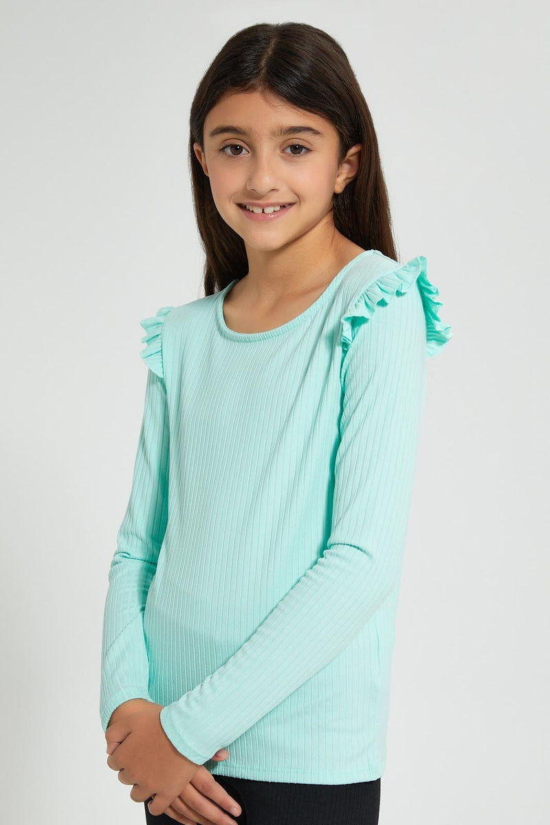 Mint Ruffled Ribbed Top