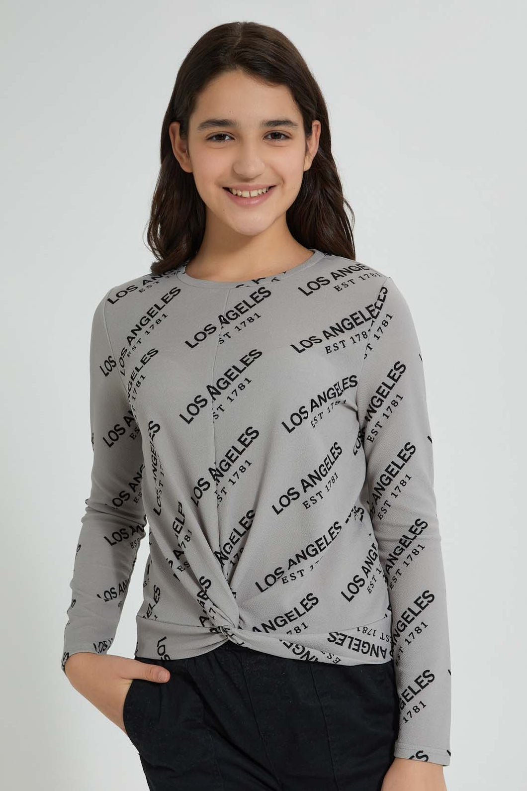 Redtag-Long-Sleeve-Front-Knot-Jacquard-Top-All-Over-Prints-Senior-Girls-9 to 14 Years