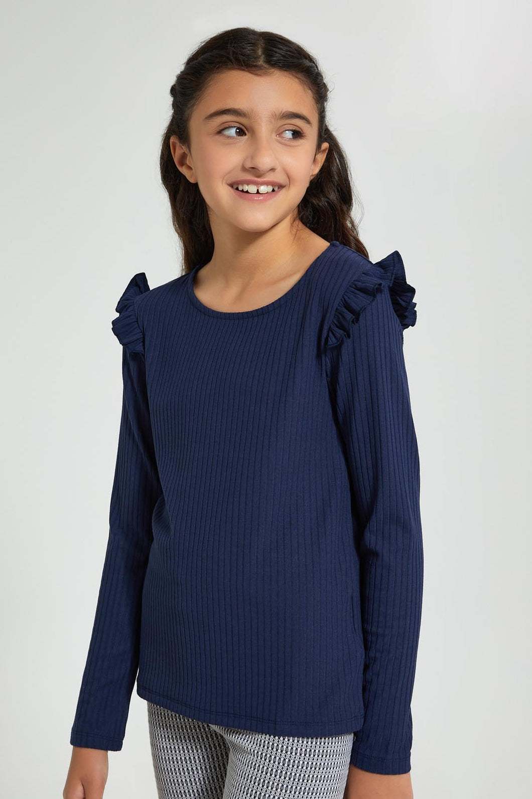 Redtag-Navy-Ruffled-Rib-Top-Long-Sleeves-Senior-Girls-9 to 14 Years