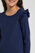 Load image into Gallery viewer, Redtag-Navy-Ruffled-Rib-Top-Long-Sleeves-Senior-Girls-9 to 14 Years
