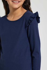 Redtag-Navy-Ruffled-Rib-Top-Long-Sleeves-Senior-Girls-9 to 14 Years