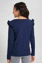 Load image into Gallery viewer, Redtag-Navy-Ruffled-Rib-Top-Long-Sleeves-Senior-Girls-9 to 14 Years
