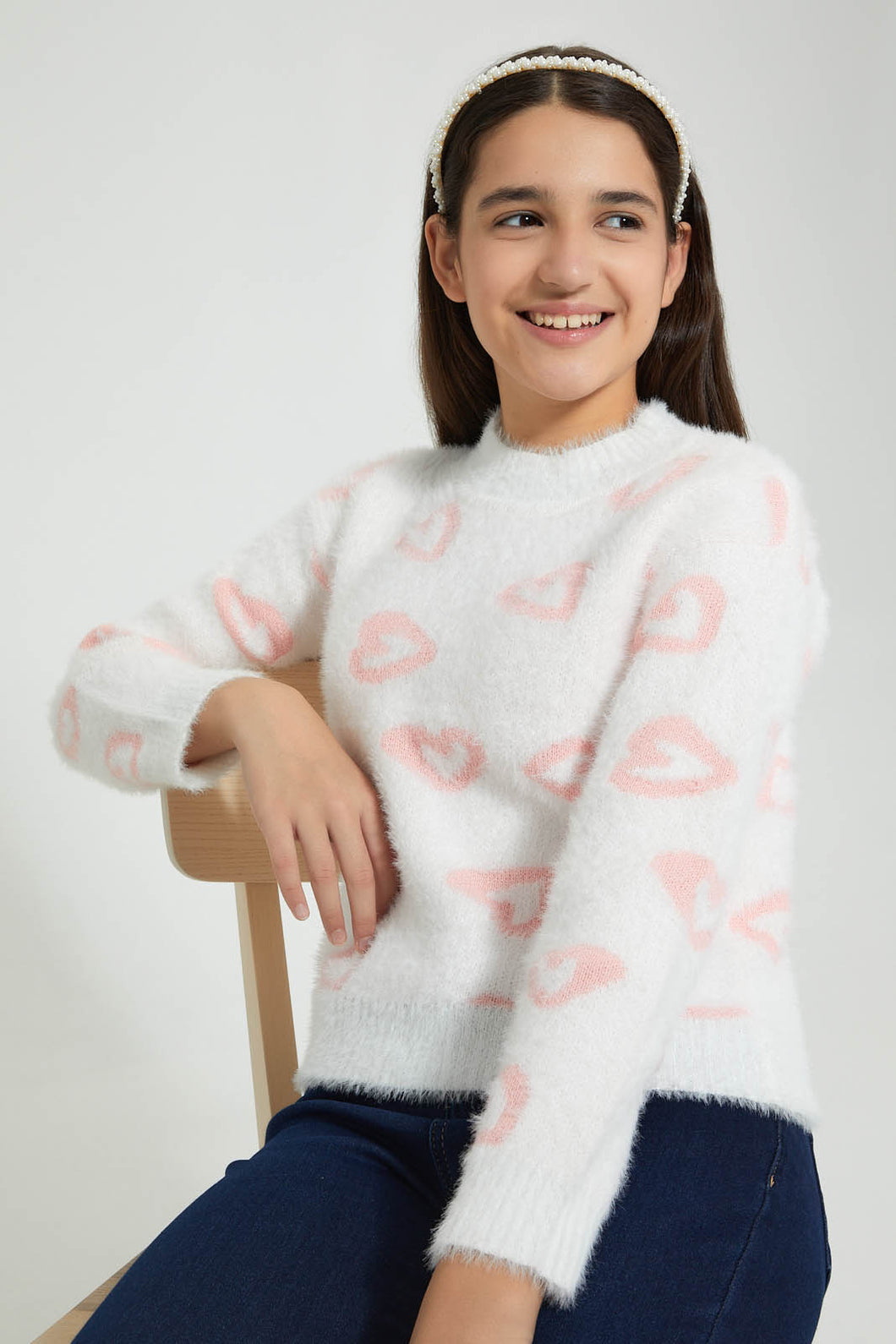 Redtag-White/Pink-Heart-Pullover-Jumpers-Senior-Girls-9 to 14 Years