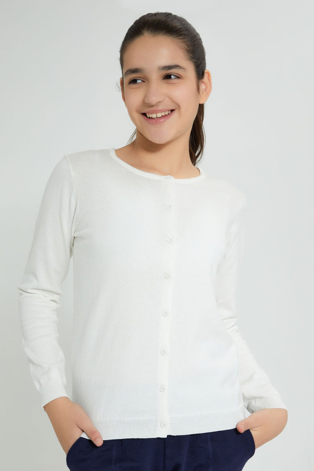 Redtag-White-Button-Front-Cardigan-Cardigans-Senior-Girls-9 to 14 Years