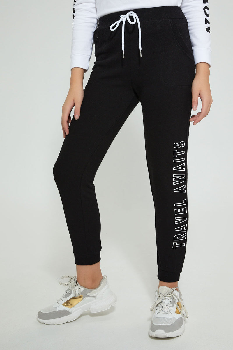 Redtag-Black-Brushed-Jogger-Pant-With-Print-Cargo-Pants-Senior-Girls-9 to 14 Years