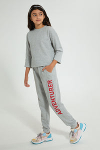 Redtag-Grey-Melange-Brsuhed-Jogger-Pant-With-Print-Cargo-Pants-Senior-Girls-9 to 14 Years