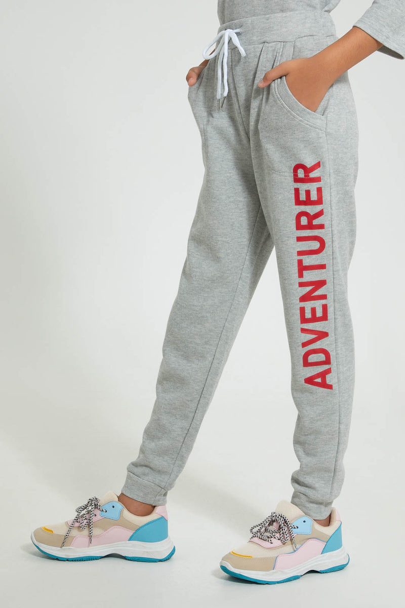 Redtag-Grey-Melange-Brsuhed-Jogger-Pant-With-Print-Cargo-Pants-Senior-Girls-9 to 14 Years