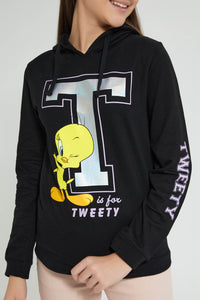 Redtag-Black-Tweety-Hooded-SweaT-Shirts-Sweatshirts-Senior-Girls-9 to 14 Years