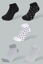 Load image into Gallery viewer, Redtag-Black/Grey/White-Heart-Polka-Printed-Ankle-Socks-(5-Pack)-Ankle-Length-Women&#39;s-
