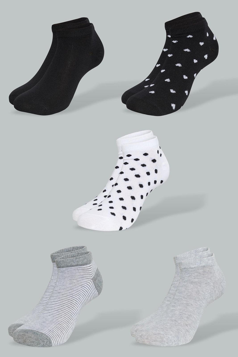 Redtag-Black/Grey/White-Heart-Polka-Printed-Ankle-Socks-(5-Pack)-Ankle-Length-Women's-