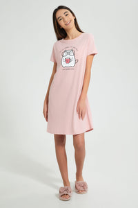 Redtag-Pink-Cat-Chest-Print-NighT-Shirt-Nightshirts-Senior-Girls-9 to 14 Years