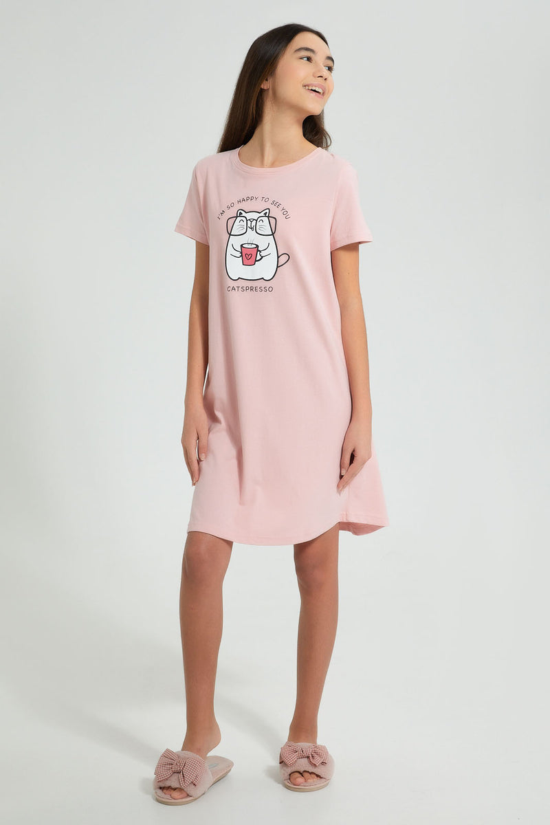 Redtag-Pink-Cat-Chest-Print-NighT-Shirt-Nightshirts-Senior-Girls-9 to 14 Years