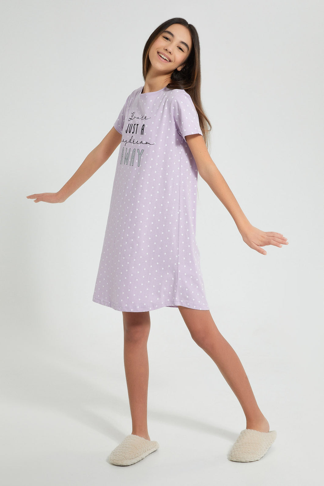 Redtag-Purple-Polka-Dots-Print-NighT-Shirt-Nightshirts-Senior-Girls-9 to 14 Years