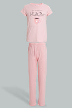 Load image into Gallery viewer, Redtag-Pink/Black-Tea-Chest-Print-Top-And-Pink/White-Overall-Star-Print-Pjset-Pyjama-Sets-Senior-Girls-9 to 14 Years
