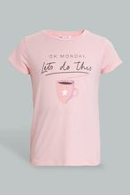 Load image into Gallery viewer, Redtag-Pink/Black-Tea-Chest-Print-Top-And-Pink/White-Overall-Star-Print-Pjset-Pyjama-Sets-Senior-Girls-9 to 14 Years
