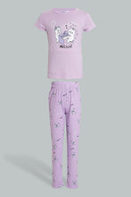 Load image into Gallery viewer, Redtag-Purple/Black-Cat-Chest-Print-Top-And-Purple/White-Overall-Print-Pjset-Pyjama-Sets-Senior-Girls-9 to 14 Years
