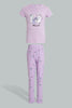 Redtag-Purple/Black-Cat-Chest-Print-Top-And-Purple/White-Overall-Print-Pjset-Pyjama-Sets-Senior-Girls-9 to 14 Years