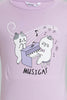 Redtag-Purple/Black-Cat-Chest-Print-Top-And-Purple/White-Overall-Print-Pjset-Pyjama-Sets-Senior-Girls-9 to 14 Years