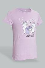 Load image into Gallery viewer, Redtag-Purple/Black-Cat-Chest-Print-Top-And-Purple/White-Overall-Print-Pjset-Pyjama-Sets-Senior-Girls-9 to 14 Years
