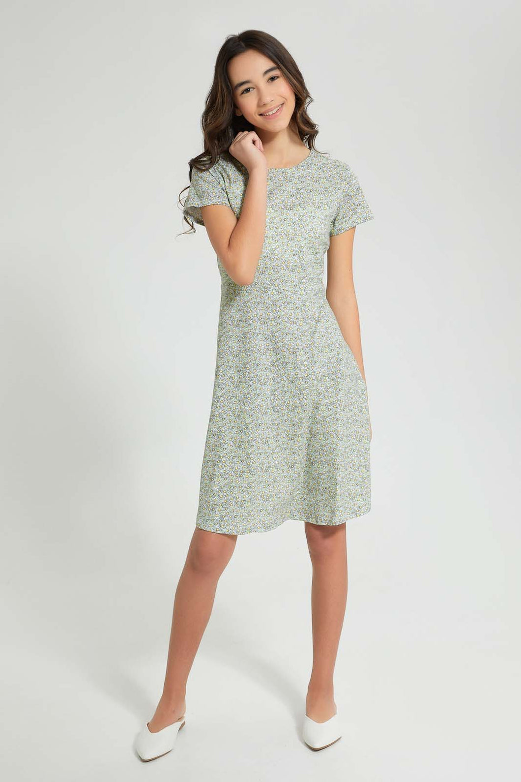 Redtag-Green-Floral-Girls-Senior-Skater-Dress-Dresses-Senior-Girls-9 to 14 Years