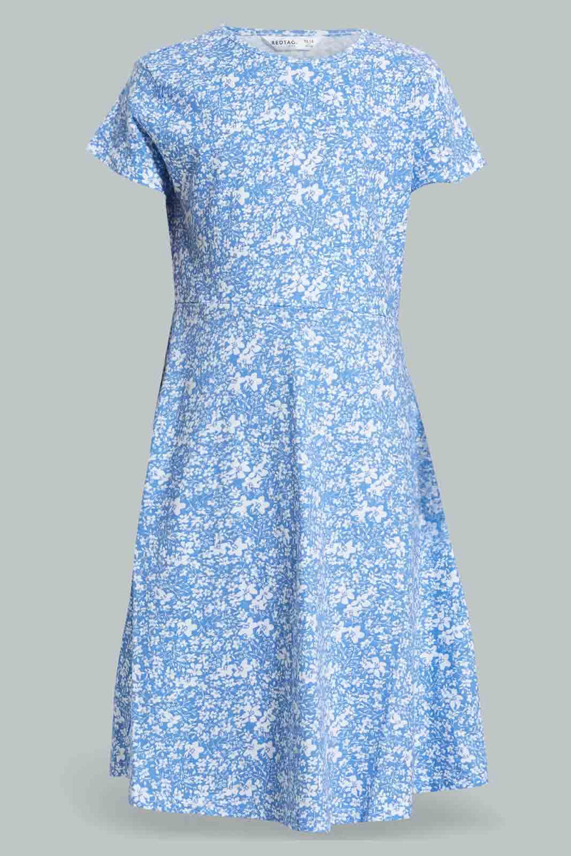 Redtag-Blue-Floral-Girls-Senior-Skater-Dress-Dresses-Senior-Girls-9 to 14 Years