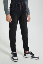 Load image into Gallery viewer, Redtag-Black-Pull-On-Knit-Denim-Jeans-Regular-Fit-Senior-Boys-9 to 14 Years

