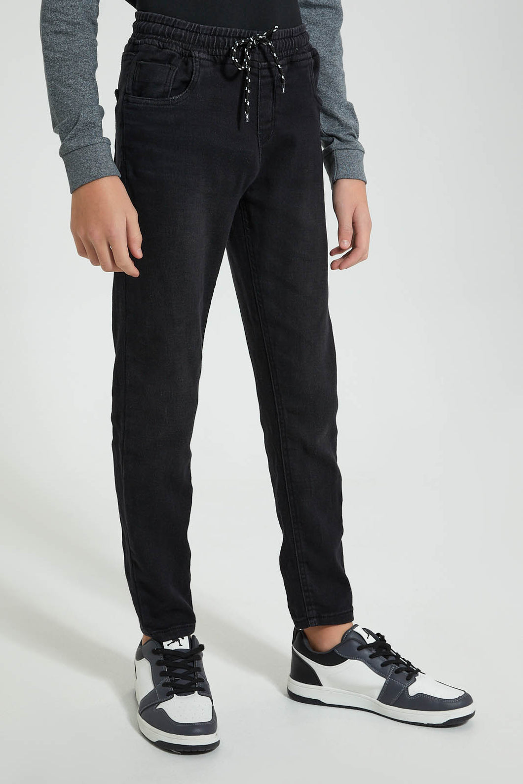 Redtag-Black-Pull-On-Knit-Denim-Jeans-Regular-Fit-Senior-Boys-9 to 14 Years