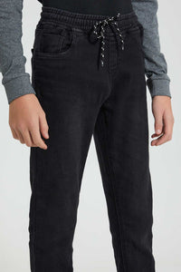 Redtag-Black-Pull-On-Knit-Denim-Jeans-Regular-Fit-Senior-Boys-9 to 14 Years
