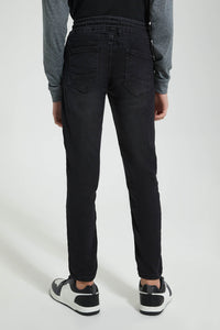Redtag-Black-Pull-On-Knit-Denim-Jeans-Regular-Fit-Senior-Boys-9 to 14 Years