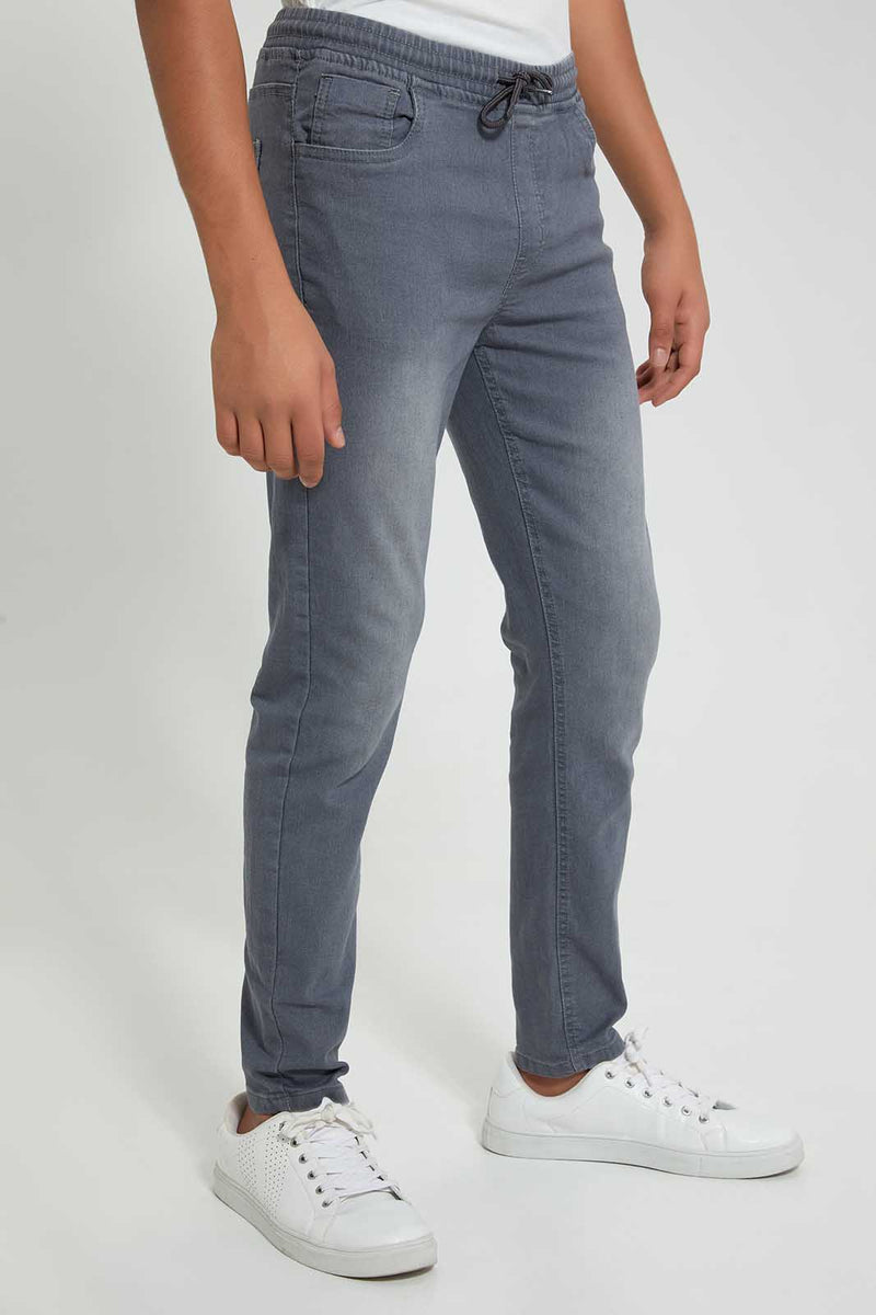 Redtag-Grey-Pull-On-Jeans-With-Waistband-Jeans-Regular-Fit-Senior-Boys-9 to 14 Years