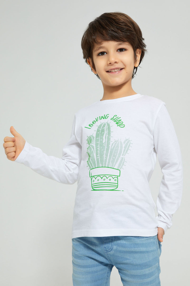 Redtag-White-Cactus-Print-Long-Sleeve-T-Shirt-Graphic-Prints-Boys-2 to 8 Years