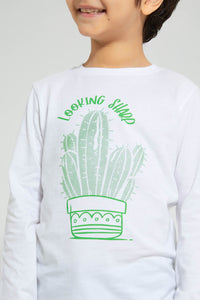 Redtag-White-Cactus-Print-Long-Sleeve-T-Shirt-Graphic-Prints-Boys-2 to 8 Years