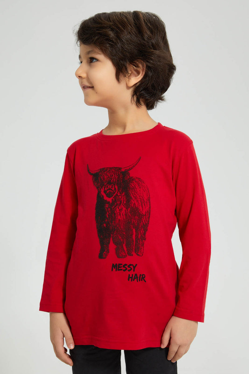 Redtag-Red-Yak-Print-Long-Sleeve-T-Shirt-Graphic-Prints-Boys-2 to 8 Years